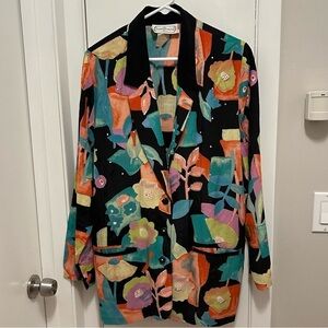 80s Vintage St Germain Paris Long Jacket Blazer Floral Print Rayon Womens Sz M